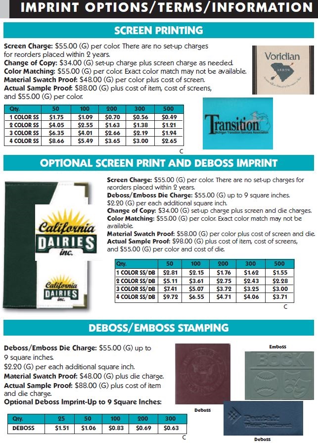 Brochure for Imprint Options, terms and information