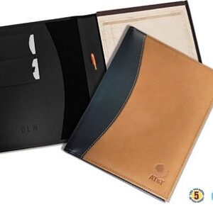 A set of three leather portfolios with a black and tan cover.