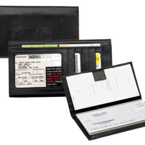 A black leather wallet with a check and passport holder.