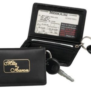 A black leather wallet with a key chain and a card holder.