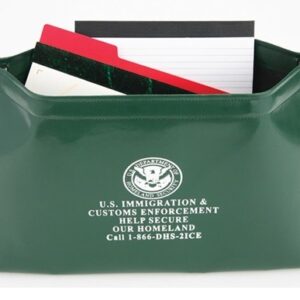 A green box with papers inside of it.