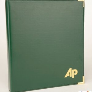 A green binder with gold letters on it.