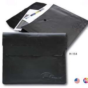 A black leather case with a pen and paper.