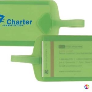 A green luggage tag with a blue logo.