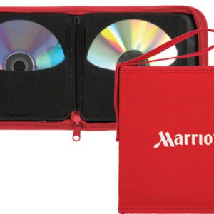 A red case with two discs inside of it.