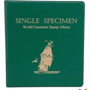 A green binder with the cover of a stamp.