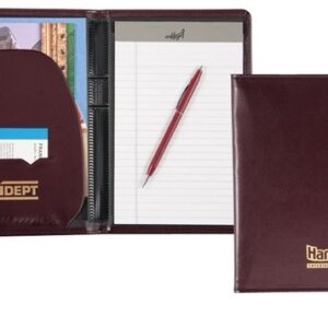 A burgundy leather folder with a pen and notepad.