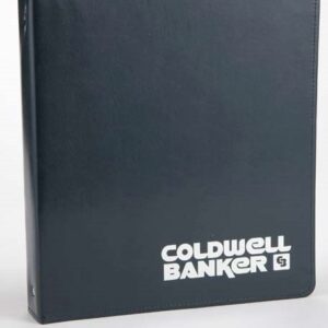 A black binder with the words coldwell banker on it.