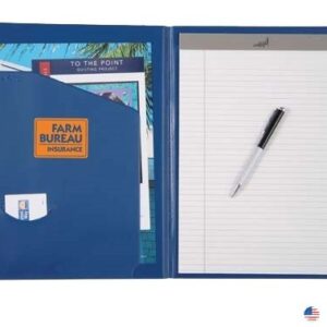 A blue folder with some papers and a pen