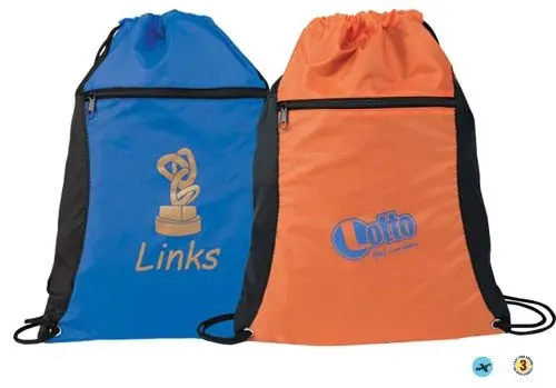 Two bags of different colors with a logo on them.