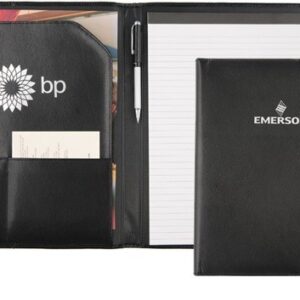 A black leather folder with a pen and notebook.