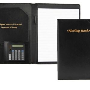 A black folder with a calculator and a note pad.