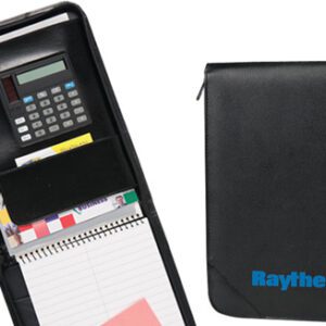 A black binder with a calculator and a pen
