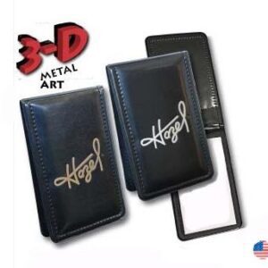 A 3 d metal art logo is shown on the front of this case.