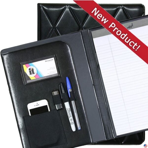 A black leather folder with a pen and note pad inside of it.