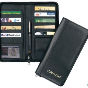 A black wallet with multiple cards and one pen.