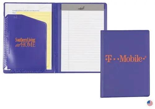 A blue folder with a note pad and pen.