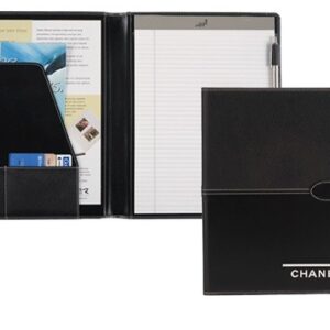 A black folder with a note pad and pen