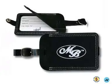 A black luggage tag with the initials mb.