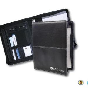 A black leather binder with a handle and two cards.
