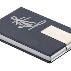 A black business card holder with the name noel on it.