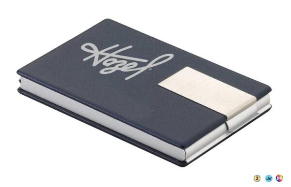 A black business card holder with the name noel on it.