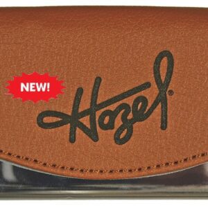 A brown leather case with the name of hazel on it.