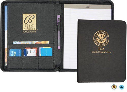 A black folder with a passport and other items.