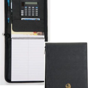 A black leather notebook with a calculator and pen.