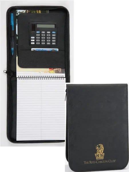 A black leather notebook with a calculator and pen.