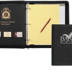 A black binder with a pen and paper