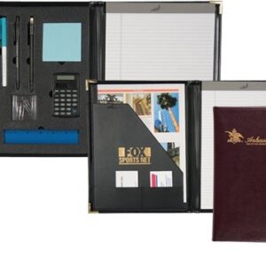 A collection of office supplies and notebooks are shown.