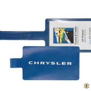 A blue plastic id holder with the name of chrysler on it.