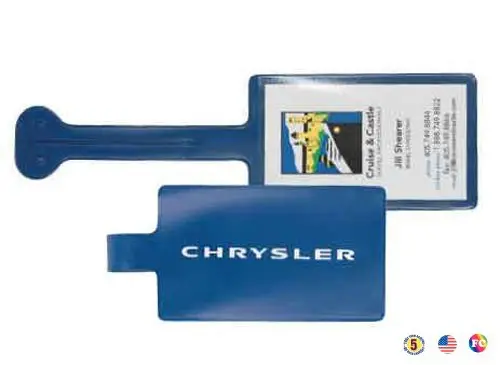 A blue plastic id holder with the name of chrysler on it.