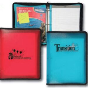 A red and blue binder with two different colored covers.