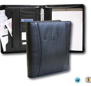 A black leather binder with a pen and paper.