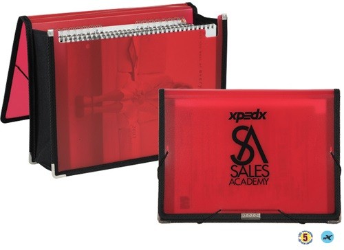 A red folder with black trim and the logo of xpando sales academy.