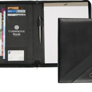 A black leather portfolio with a pen and paper.