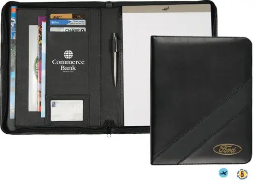 A black leather portfolio with a pen and paper.