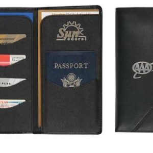 A black leather passport holder with multiple cards and money.