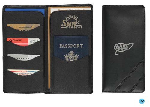 A black leather passport holder with multiple cards and money.