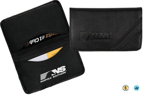 A black leather business card holder with two different designs.