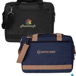 A black and blue bag with a brown handle