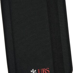 A black wallet with ubs logo on it.