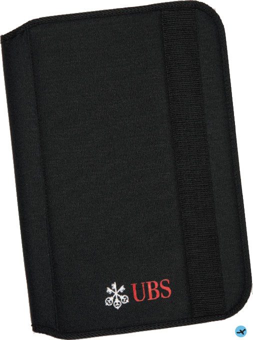 A black wallet with ubs logo on it.