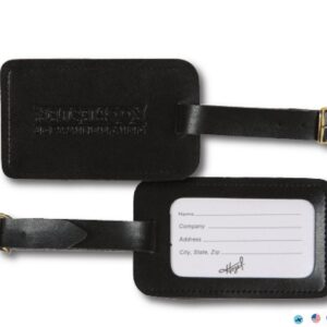 A black luggage tag with a picture of the back and front.