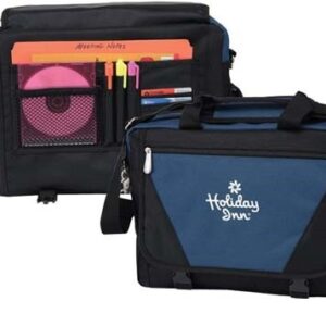 A blue and black bag with a cd case on it