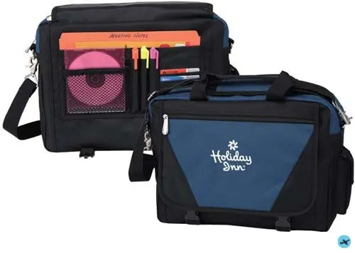 A blue and black bag with a cd case on it