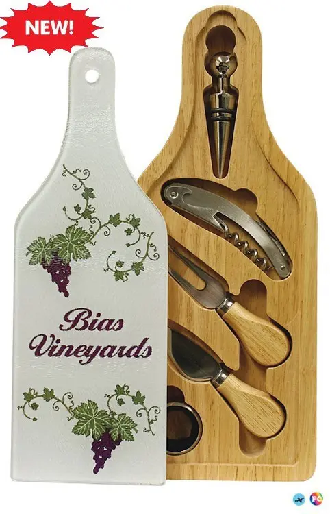 A wine bottle shaped cutting board with cheese tools.