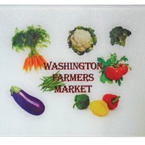 A white board with various vegetables and the words washington farmers market.
